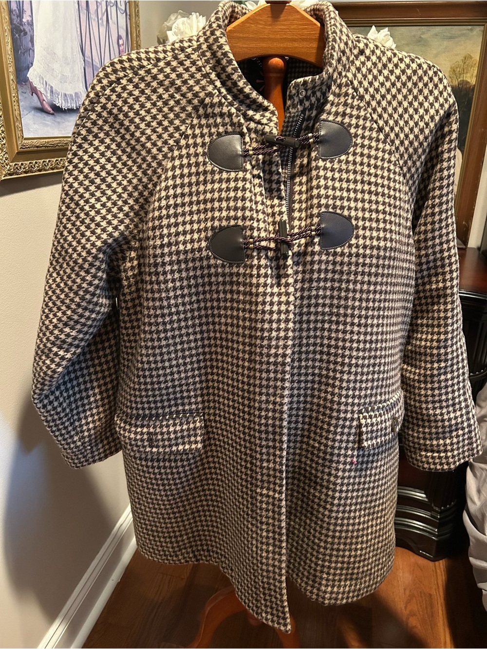 Isaac Mizrahi Black and Cream Houndstooth Toggle Pea Coat Sz 14